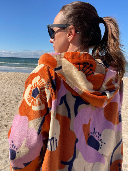 Printed towel cotton zip changing hooded robe for swimming, surfing, beach poncho jacket, or bathrobe