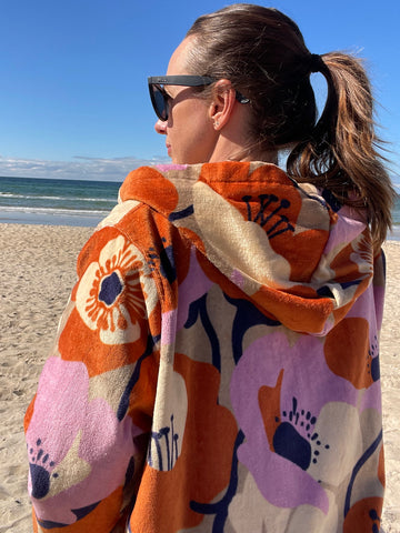 Vintage Floral Printed towel cotton zip changing hooded robe for swimming, surfing, beach poncho jacket, or bathrobe