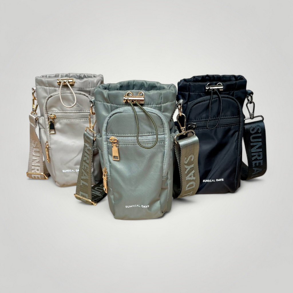 Three water bottle bags in dune, moss, and black with visible branding "sunreal days"