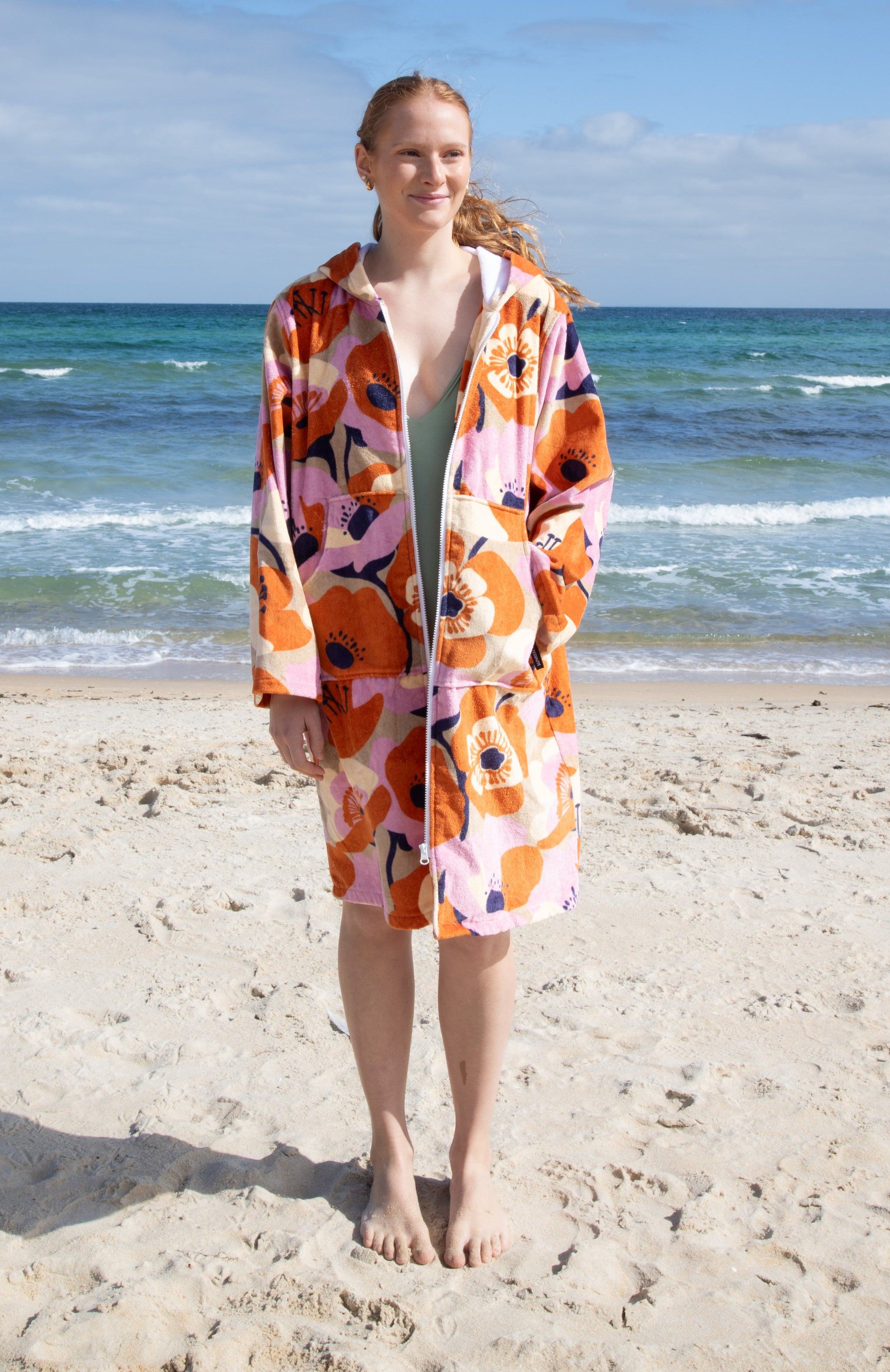 Zip Up Towelling Beach Robe Vintage Floral Adult Zip Up Towel
